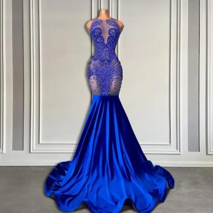 Royal Blue Rhinestones Prom Dresses Luxury..