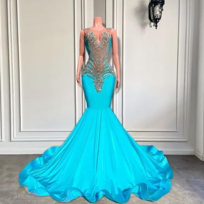 Blue Prom Dresses Custom Rhinestone Embellished..