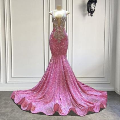 Crystals Sparkly Prom Dresses Pink Sequins Mermaid..