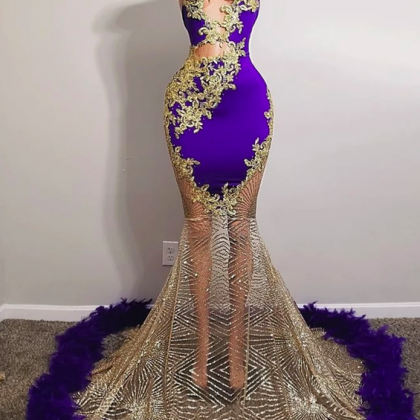Purple Prom Dresses High Neck Sparkly Gold Lace..