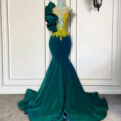 Emerald Green One Shoulder Prom Dresses Golden..