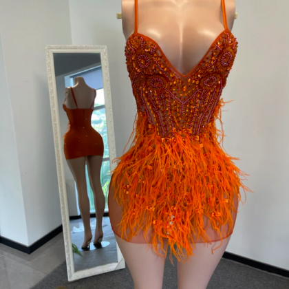 Spaghetti Strap Orange Prom Dresses Diamonds..