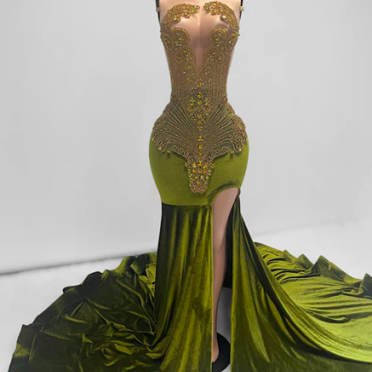 Olive Green Rhinestones Prom Dresses 2024 Luxury..