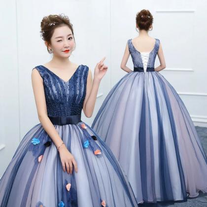 Elegant Blue Floral Embellished Evening Ball Gown on Luulla