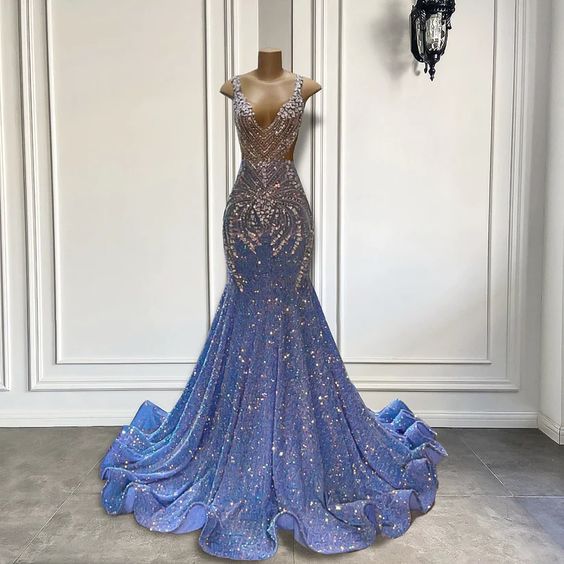 Rhinestones Luxury Prom Dresses For Women Crystals Blue Sparkly Prom Gown Elegant Fishtail Formal Occasion Dresses Homecoming Dresses