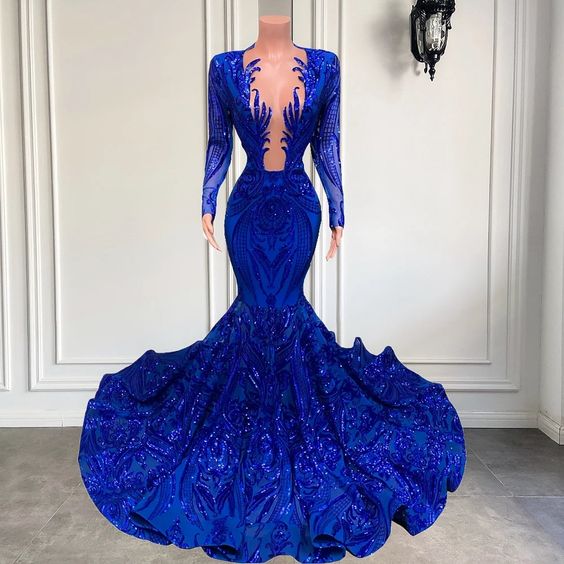 Royal Blue Elegant Prom Dresses For Women Sequin Applique Formal Gown ...
