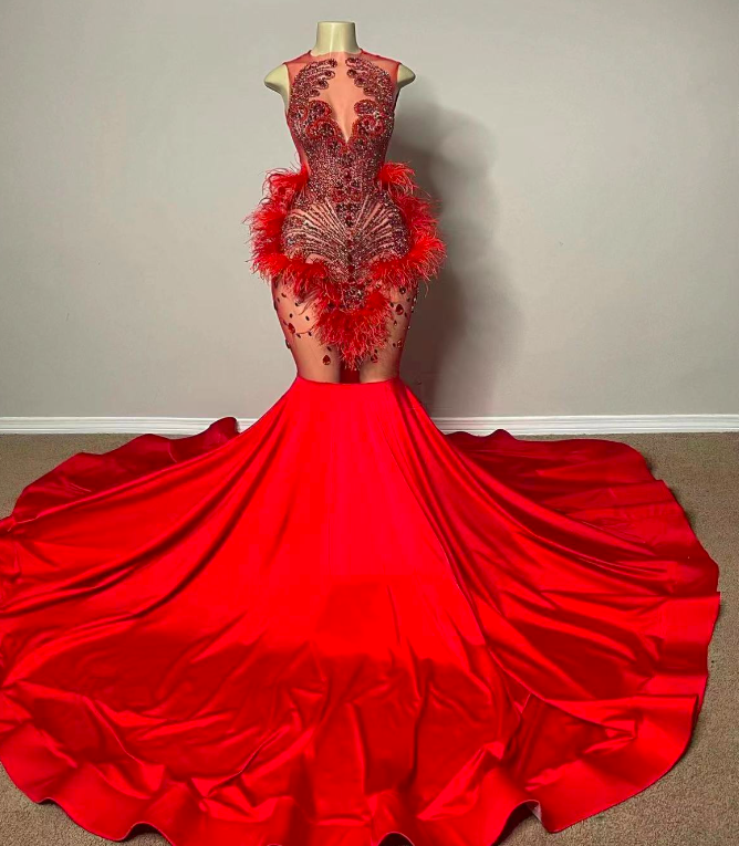 Red Luxury Prom Dresses Diamonds Rhinestones Luxury Birthday Party Dresses Feather Pageant Dresses For Women Graduation Vestidos De Gala Formal