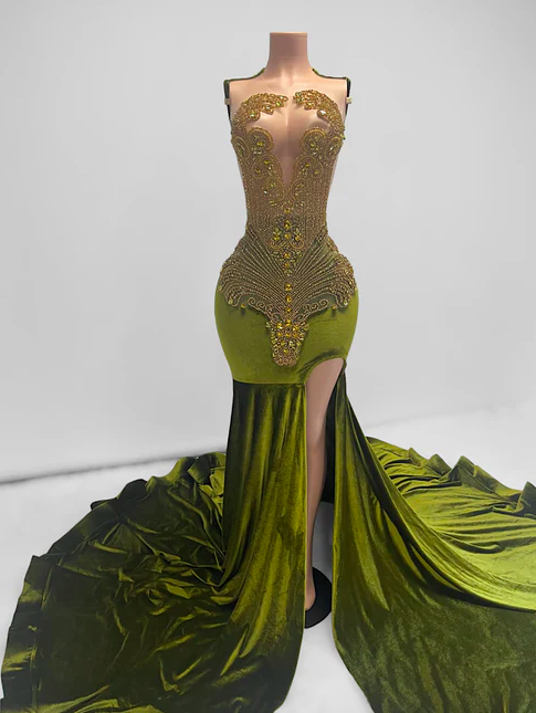 Olive Green Rhinestones Prom Dresses 2024 Luxury Gold Diamonds Fashion Evening Dresses 2025 Custom Modest Black Girls Evening Gown Vestidos De