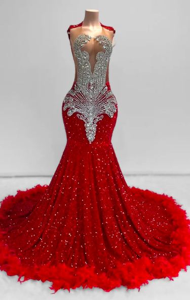 Feather Red Sparkly Prom Dresses Custom Make Glitter Fashion Rhinestones Women Party Dresses Mermaid Diamonds Luxury Evening Dresses Vestidos De