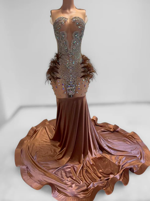Brown Feather Prom Dresses For Black Girls Fashion Rhinestone Luxury Prom Gown Vestidos De Fiesta Diamonds Modest Evening Formal Gown