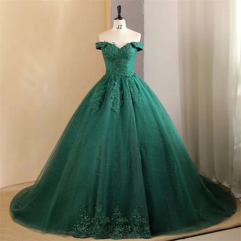 green emerald velvet dress Emerald Green Off The Shoulder Tulle Quinceanera Dresses With Beadings