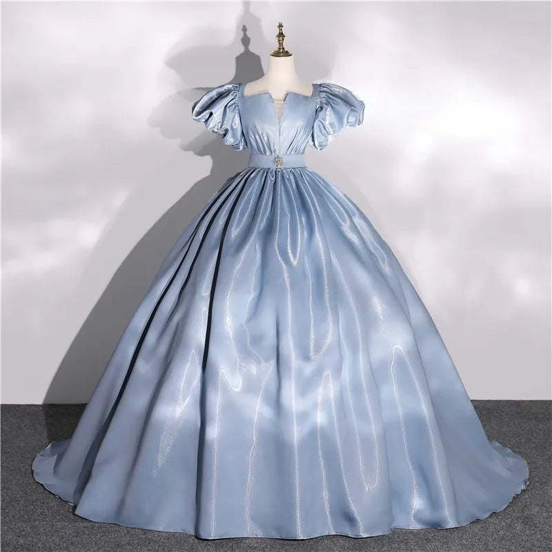 Blue Strpless Ball Gown Satin Pleats Prom Dresses LBQ3782