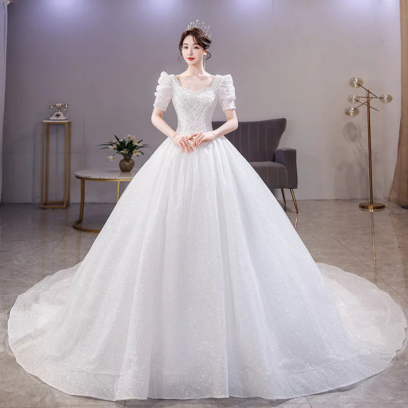 Elegant Puffy Sleeve Sparkly White Wedding Gown on Luulla