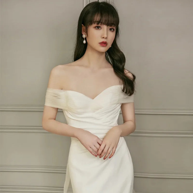 Elegant Off-shoulder Strapless White Silk Dress on Luulla