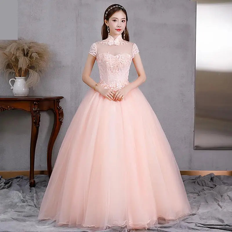 Elegant Peach Lace Applique Tulle Ball Gown