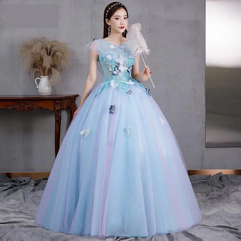 blue butterfly prom dress Elegant Embellished Evening Ball Gown 3D Floral and Butterfly Size:6x Black Sheer Lace Deep SM-D21151A-Blue Bright Smile