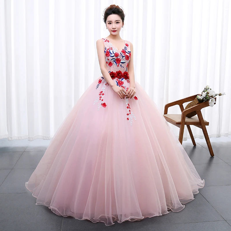 Elegant Floral Embroidered Pink Ball Gown Dress