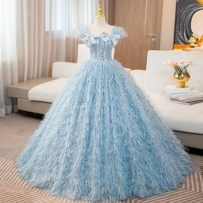 Elegant Blue Feathered Ball Gown Dress on Luulla