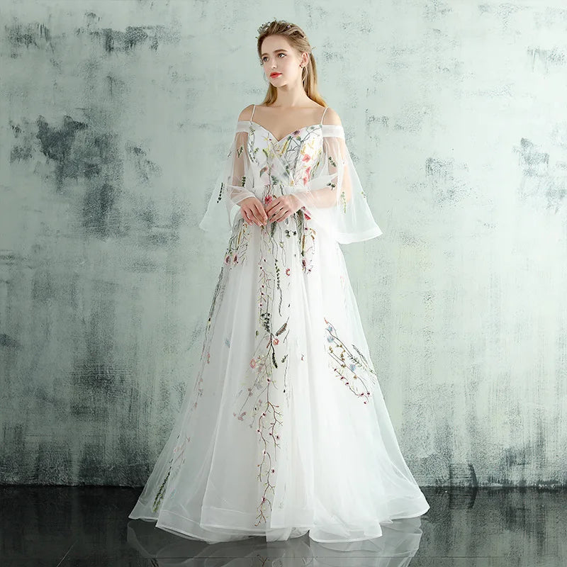off shoulder long sleeve floral dress Floral Chiffon Off Shoulder Sleeved Wedding Dress