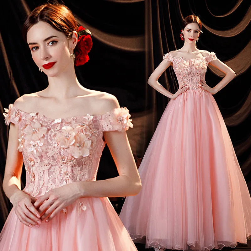 Elegant Pink Floral Off-shoulder Evening Gown on Luulla