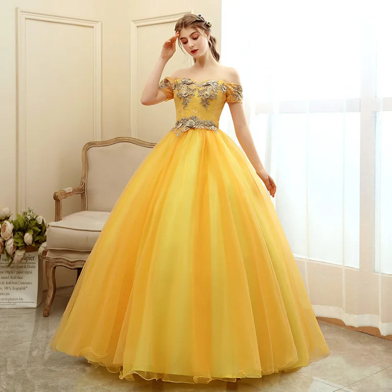 Yellow off the shoulder ball gown on sale