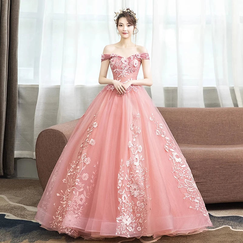 Elegant Off shoulder Pink Floral Ball Gown on Luulla