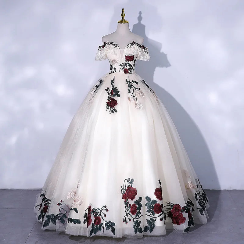 Elegant Floral Embroidered Off-shoulder Ball Gown