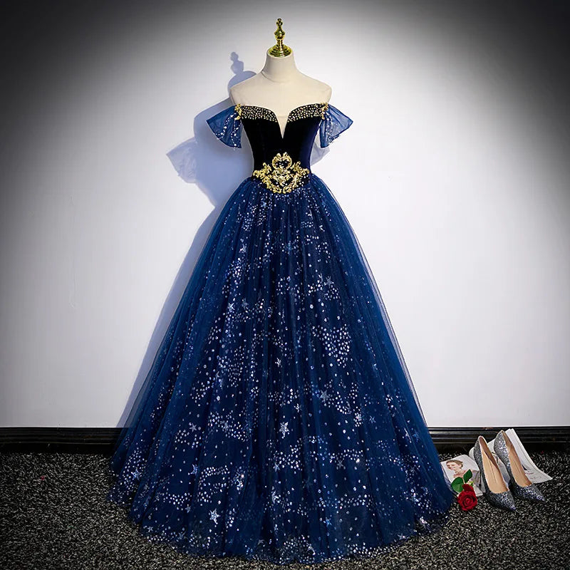 Elegant Navy Blue Off-shoulder Evening Gown on Luulla