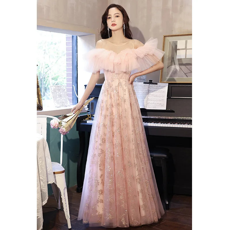 Elegant Pink Floral Off-shoulder Evening Gown on Luulla