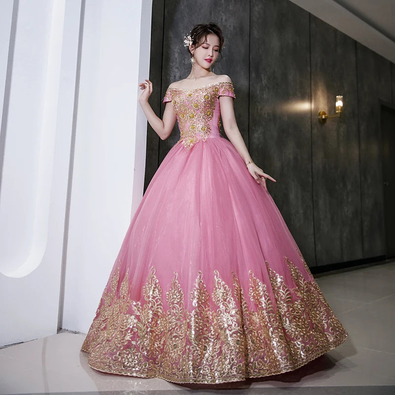 Elegant Pink Ball Gown with Short Sleeves and Lace Buttons for Girls