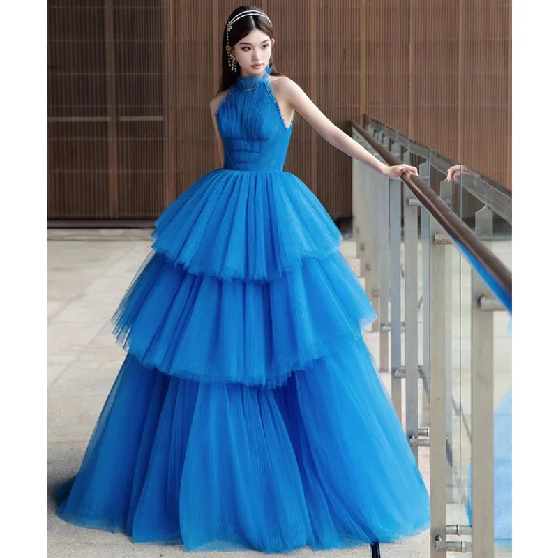 Elegant Blue Tulle Tiered Evening Gown Dress on Luulla