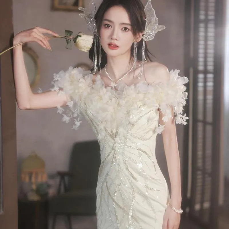 Elegant White Floral Off-shoulder Evening Gown on Luulla