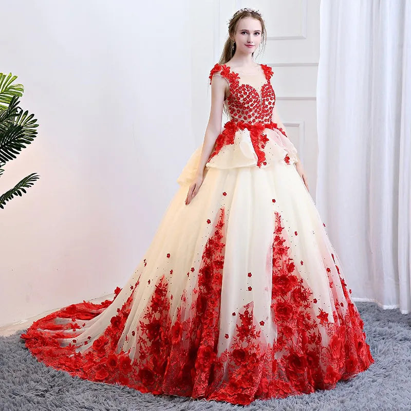 Red and white ball gowns top
