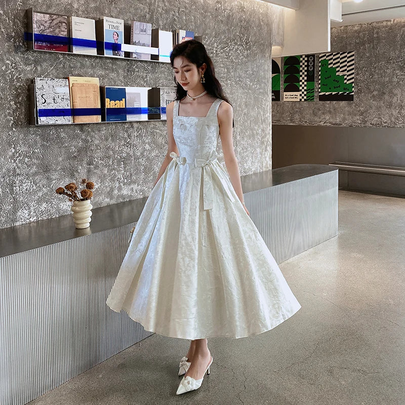 elegant white satin dress A-Line Satin Tea Length Little White Dress COCOMELODY CW3379 main image 1
