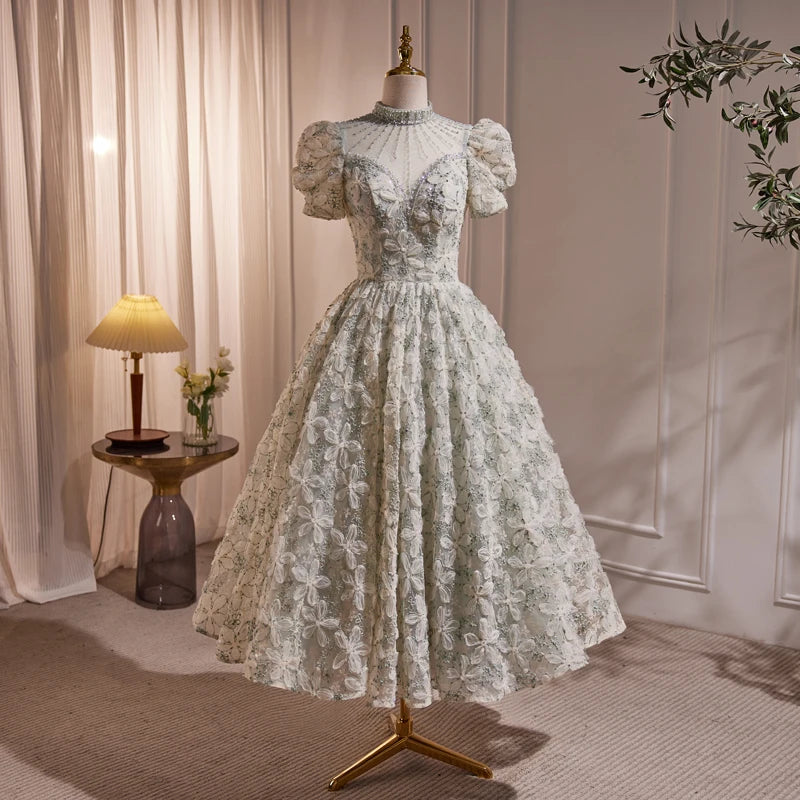 Vintage Floral Lace Puff Sleeve Midi Dress on Luulla