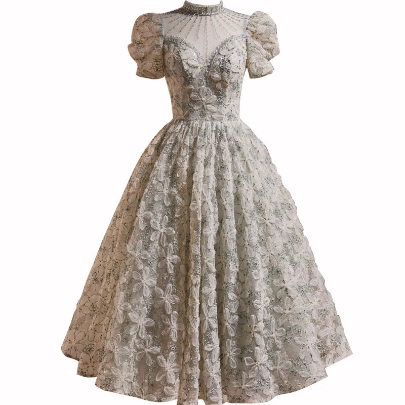 Vintage Floral Lace Puff Sleeve Midi Dress