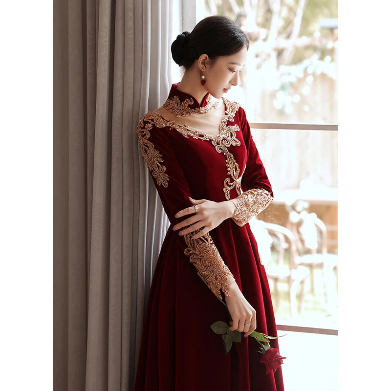 Velvet embroidered gown clearance