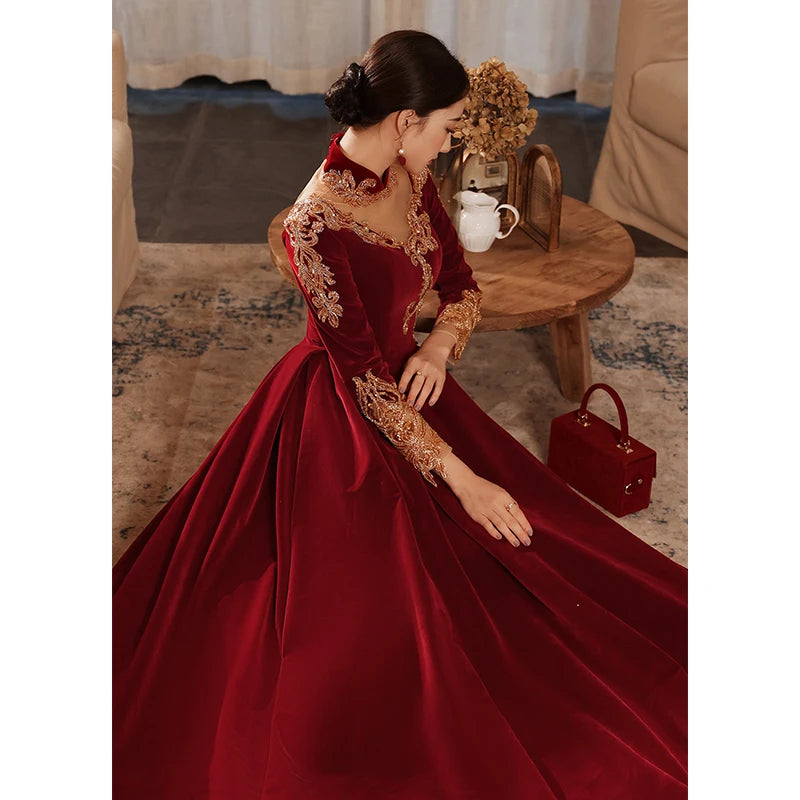 red and gold velvet dress Luxury Red Velvet Front Slit Henna Gown With Gold Glitter 40
