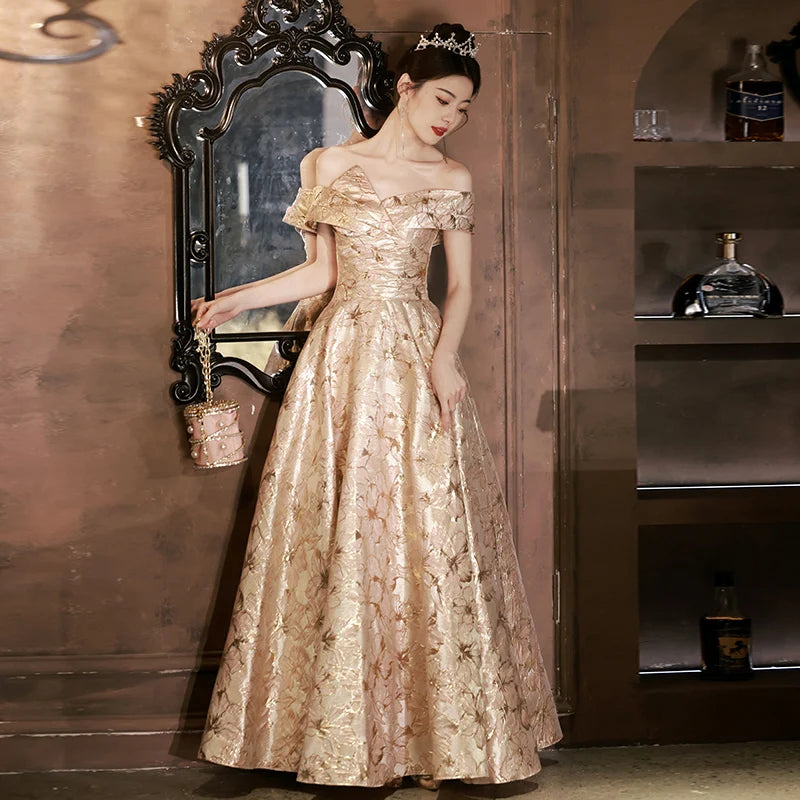 Elegant Off-shoulder Gold Evening Gown Dress