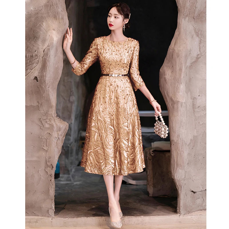 Elegant Gold Lace Midi Evening Dress on Luulla