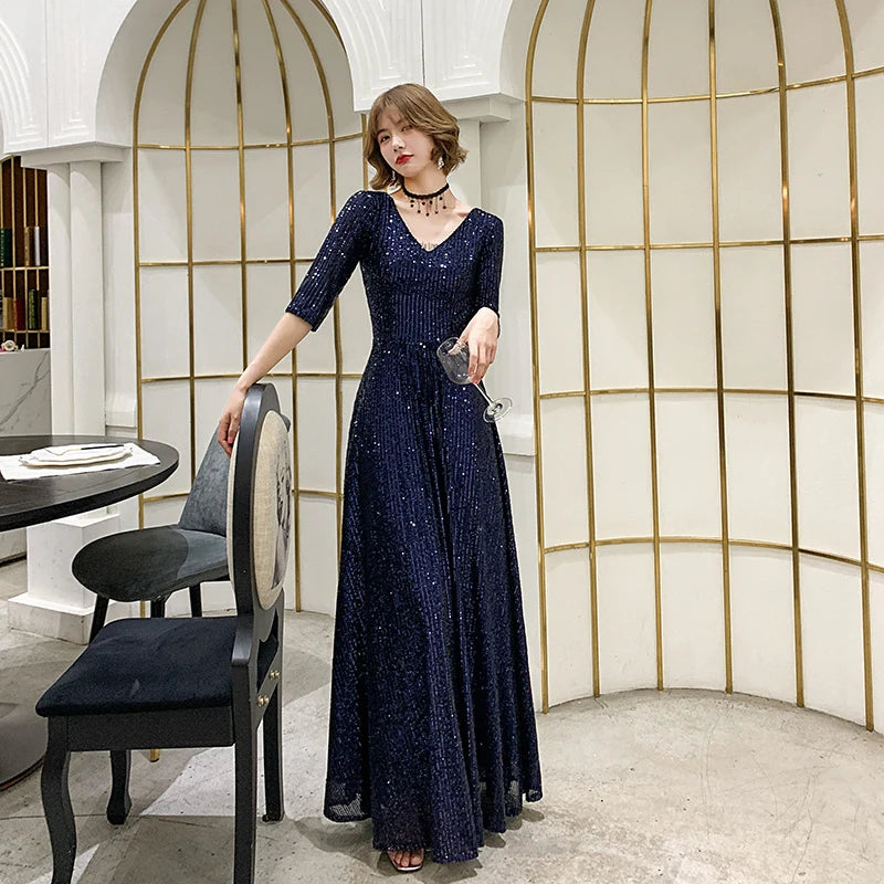 Elegant Navy Blue Sequin Evening Gown Dress on Luulla