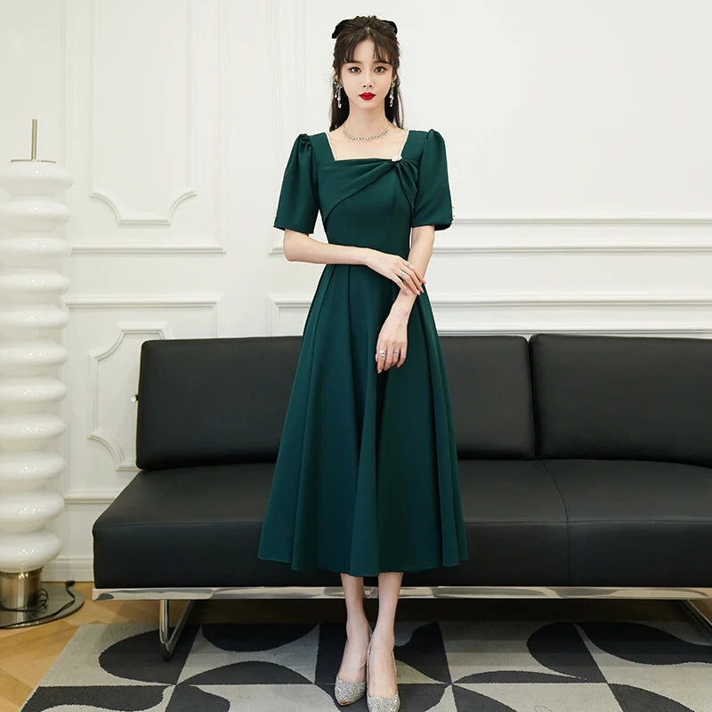 Elegant Green Puff Sleeve Midi Dress