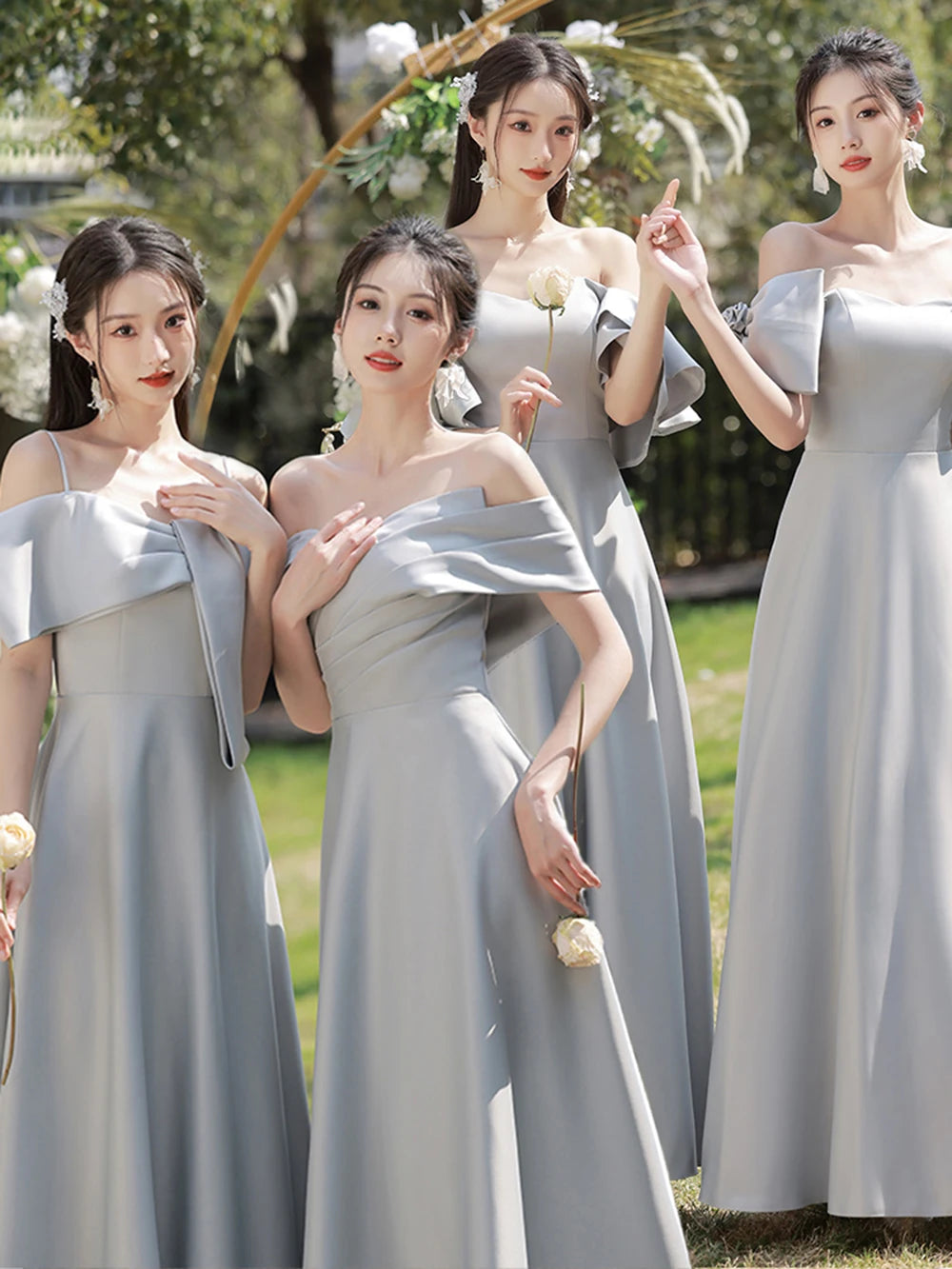 Grey off the shoulder bridesmaid dress discount