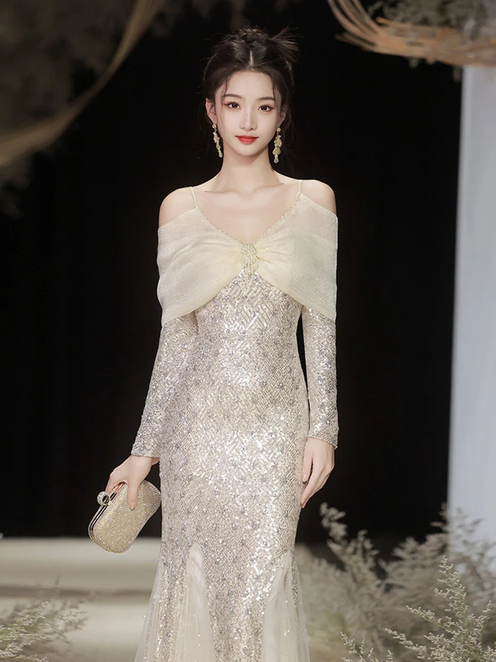 Off shoulder Sequin Evening Gown With Bolero
