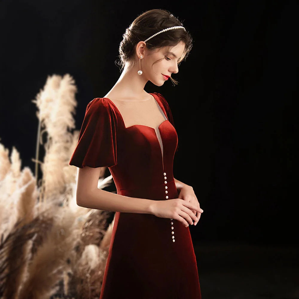elegant velvet dress ever REINE|Elegant Double V Neck Velvet Evening Dress with Sleeves