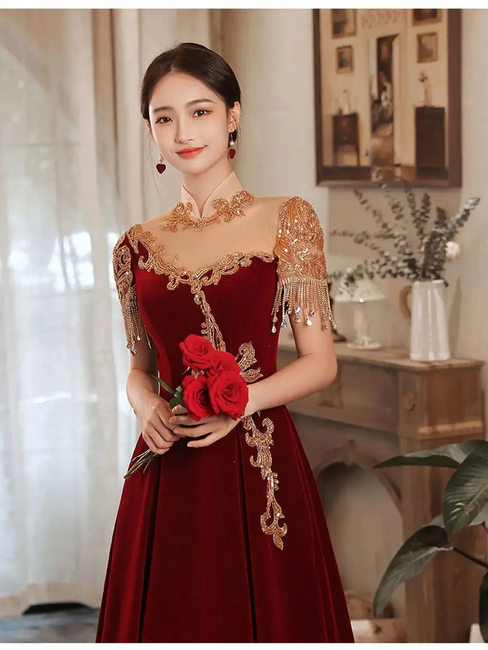 Red dress with gold embroidery hot sale