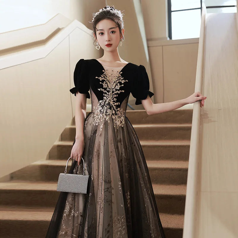 Elegant Black Gold Embroidered Evening Gown on Luulla