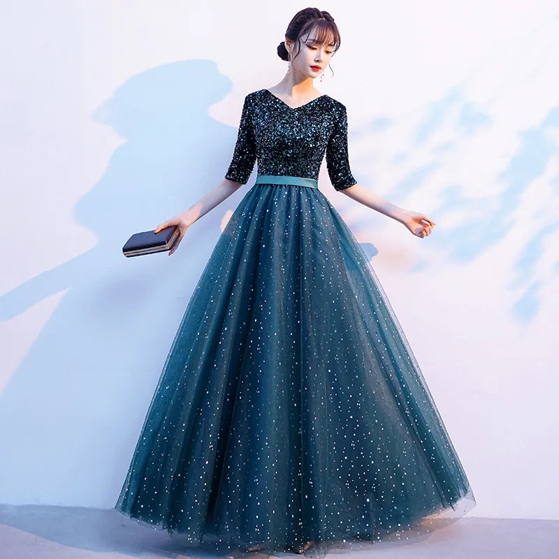 Elegant Sequin Evening Gown With Sleeves on Luulla