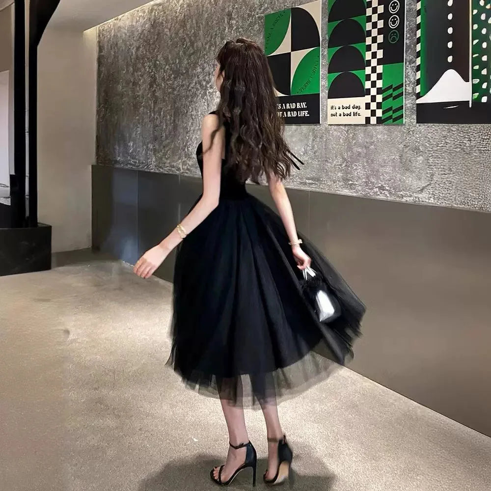 Elegant Black Velvet Dress With Tulle Skirt on Luulla