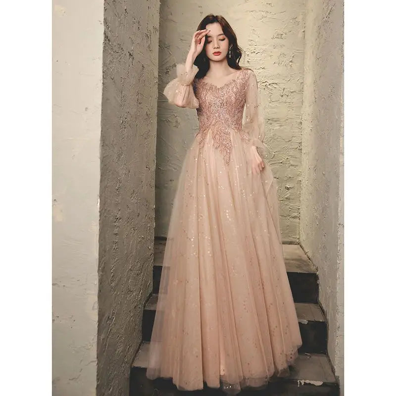 Elegant Long Sleeve Sequined Evening Gown Dress on Luulla